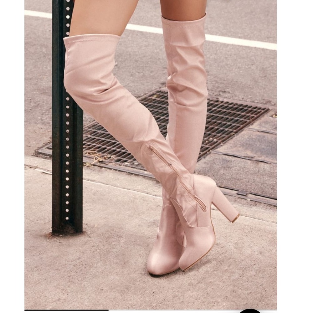 Lulus Thigh High Boots Women's‎ Size 10 Over The Knee Heel Champagne Pink Tie